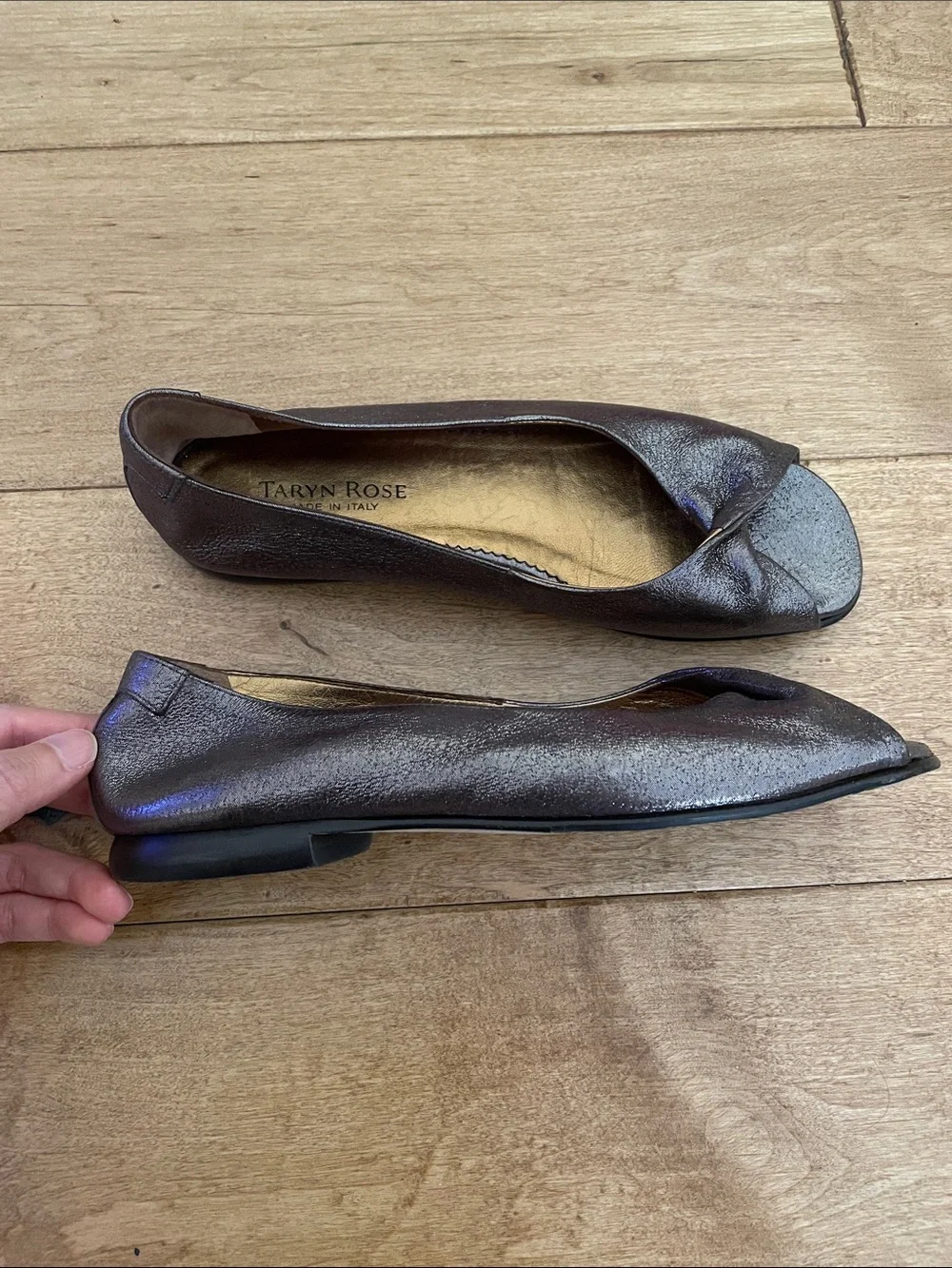 Taryn Rose Metallic Pewter Open-Toe Ballet Flats